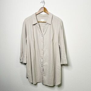 Belle By Kim Gravel‎ Beige Linen Blend Button Up 3/4 Sleeve Shirt Plus Size 2X